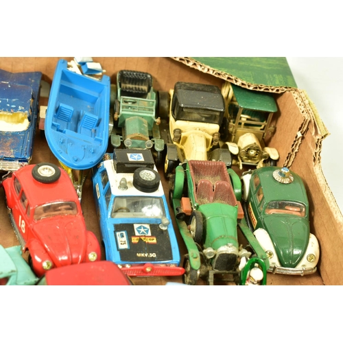 243 - A QUANTITY OF UNBOXED AND ASSORTED PLAYWORN DIECAST CARS, majority date from the 1960's and 1970's, ... 