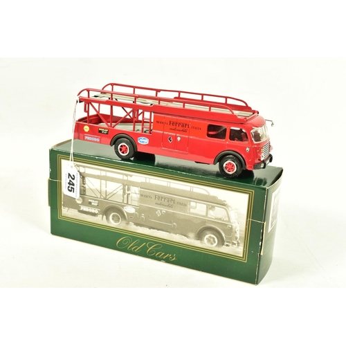 245 - A BOXED OLD CARS FIAT FERRARI RACING CAR TRANSPORTER, 1/43 scale model in red livery with 'Ferrari M... 