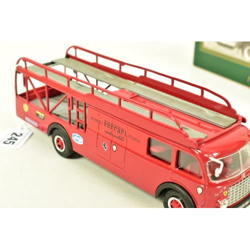 245 - A BOXED OLD CARS FIAT FERRARI RACING CAR TRANSPORTER, 1/43 scale model in red livery with 'Ferrari M... 