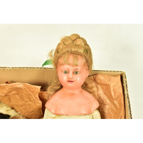 432 - A WAX HEAD AND SHOULDERS DOLL, glass eyes, painted lips and eyebrows, original wig , cloth body, loo... 