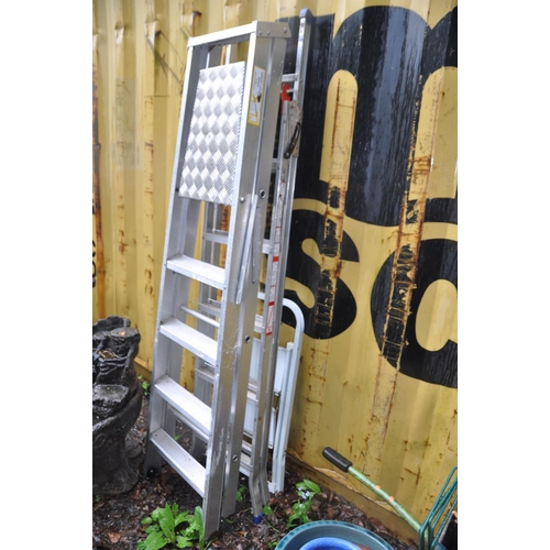 1210 - THREE STEP LADDERS, two of which are aluminium of similar heights 186cm and a small set of steel ste... 