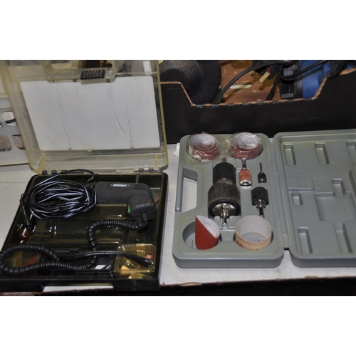 1254 - TWO TRAYS CONTAINING POWER AND HAND TOOLS including a Minicraft Power Supply, a Minicraft Auto mini ... 