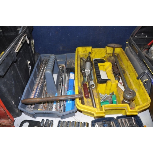 1285 - A STANLEY TOOLBOX AND A STANLEY TOOL CADDY containing various hand tools, SDS and High Speed drill b... 