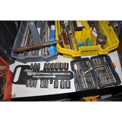 1285 - A STANLEY TOOLBOX AND A STANLEY TOOL CADDY containing various hand tools, SDS and High Speed drill b... 