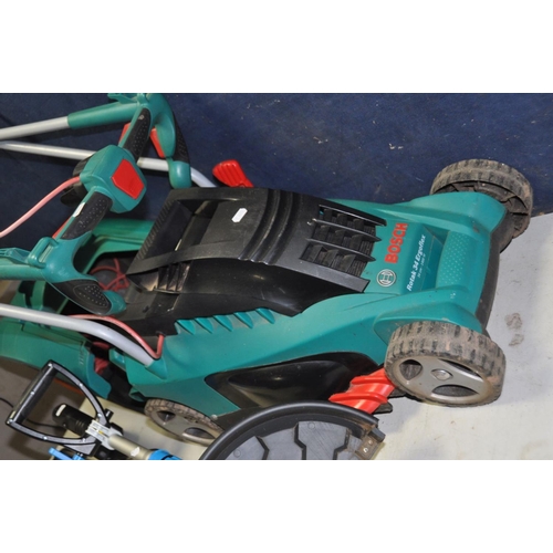 1304 - A BOSCH ROTAK 34 ERGOFLEX ELECTRIC LAWN MOWER with grass box and a McCallister 18v Strimmer with cha... 