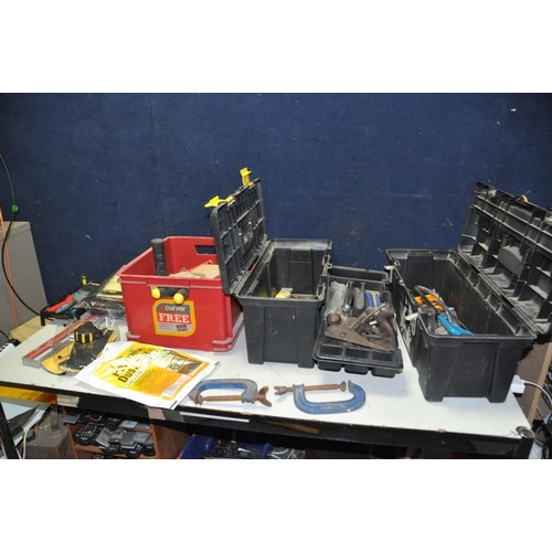 1346 - TWO TOOLBOXES AND A TRAY CONTAINING TOOLS including two Record G clamps, an unbranded wood plane, et... 