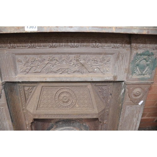 1363 - A CAST IRON FIRE SURROUND, with foliate and columned detailing, 'The Scotia' to the centre, along wi... 