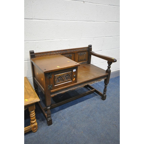 AN OLD CHARM OAK TELEPHONE TABLE/SEAT, width 93cm x depth 47cm x height