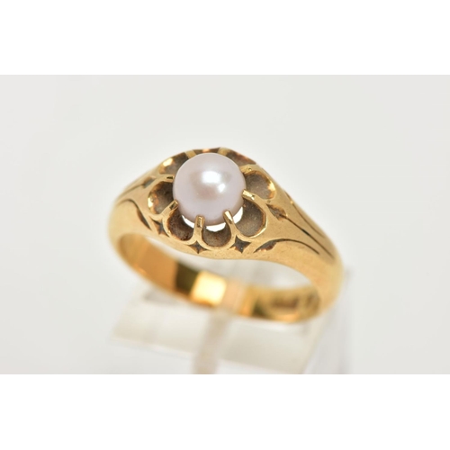 1 - AN EARLY 20TH CENTURY GOLD, CULTURED PEARL RING, a heavy yellow gold tapered ring, set with a white ... 