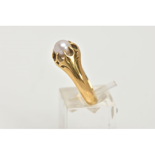 1 - AN EARLY 20TH CENTURY GOLD, CULTURED PEARL RING, a heavy yellow gold tapered ring, set with a white ... 