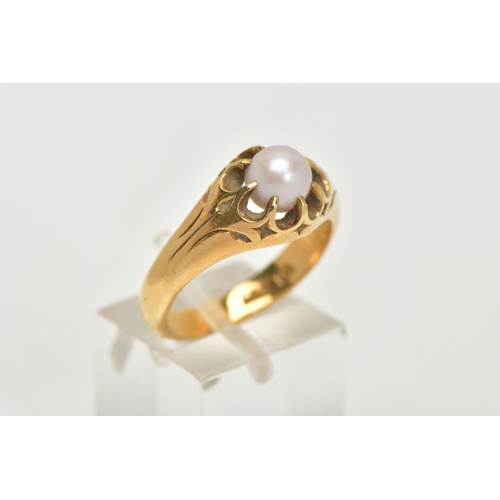 1 - AN EARLY 20TH CENTURY GOLD, CULTURED PEARL RING, a heavy yellow gold tapered ring, set with a white ... 