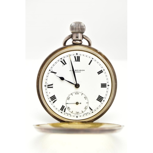 103 - A SILVER 'J.W.BENSON' OPEN FACE POCKET WATCH, round white ceramic dial signed 'J.W.Benson, London', ... 