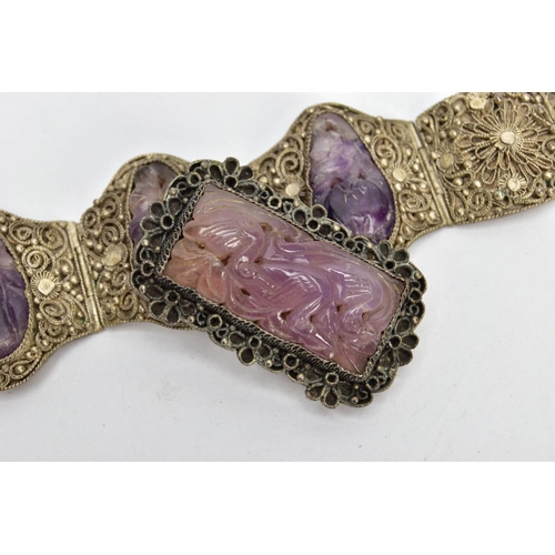 105 - A WHITE METAL AMETHYST BRACELET AND SCARF CLIP, a white metal bracelet comprising of five panels eac... 