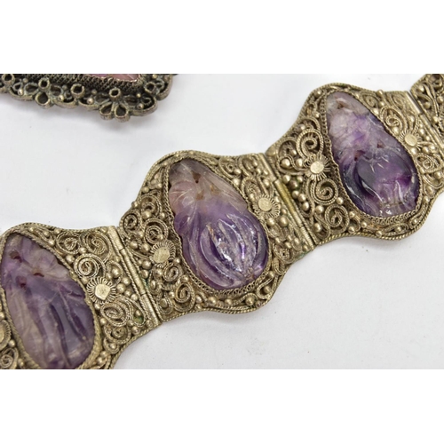 105 - A WHITE METAL AMETHYST BRACELET AND SCARF CLIP, a white metal bracelet comprising of five panels eac... 