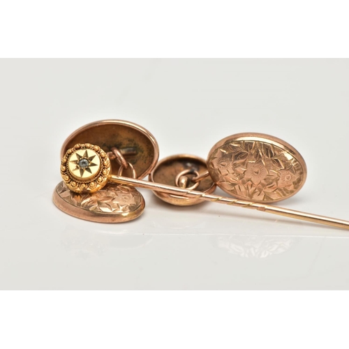 107 - A PAIR OF 9CT GOLD CUFFLINKS AND A DIAMOND SET STICK PIN, each cufflink of an oval form decorated wi... 