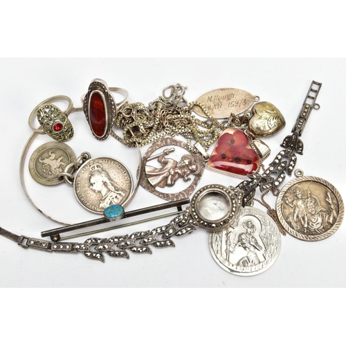 109 - A BAG OF ASSORTED SILVER AND WHITE METAL ITEMS, to include a ladies silver marcasite watch without m... 