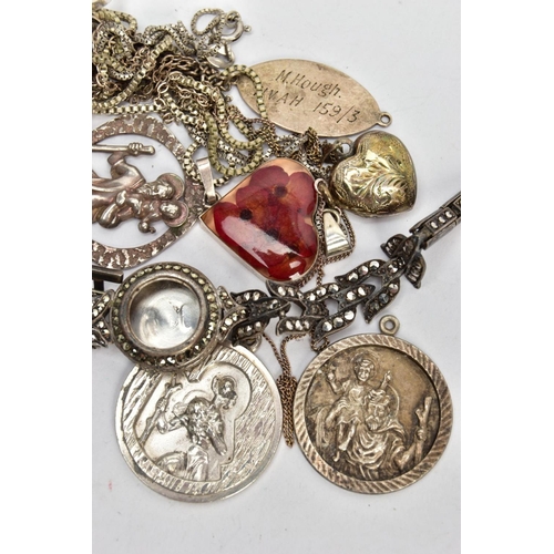 109 - A BAG OF ASSORTED SILVER AND WHITE METAL ITEMS, to include a ladies silver marcasite watch without m... 