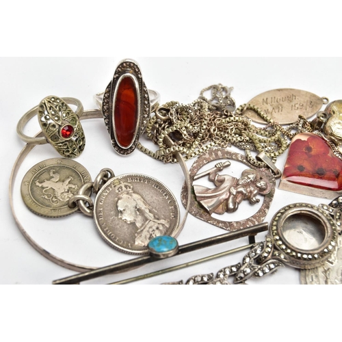 109 - A BAG OF ASSORTED SILVER AND WHITE METAL ITEMS, to include a ladies silver marcasite watch without m... 