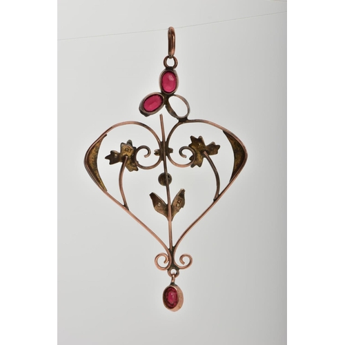 110 - AN AF EDWARDIAN GARNET AND SEED PEARL PENDANT, of an openwork heart design, set with oval cut garnet... 