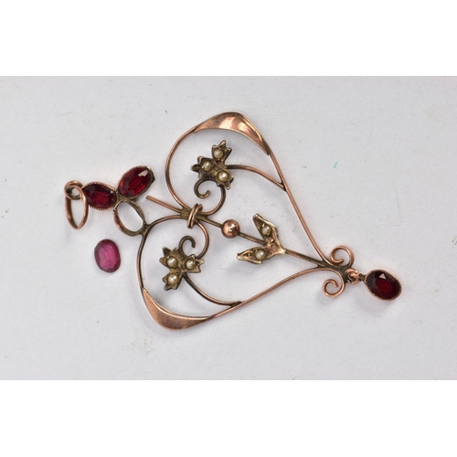 110 - AN AF EDWARDIAN GARNET AND SEED PEARL PENDANT, of an openwork heart design, set with oval cut garnet... 