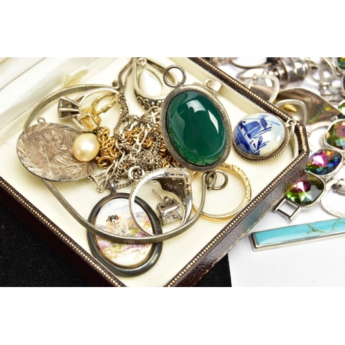 112 - A BOX OF JEWELLERY, to include a white metal hinged bangle set with a green cabochon stone to the cl... 