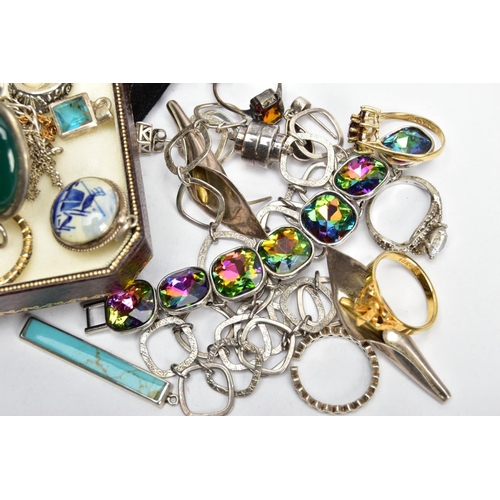 112 - A BOX OF JEWELLERY, to include a white metal hinged bangle set with a green cabochon stone to the cl... 