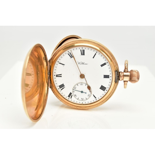 113 - A WALTHAM GOLD-PLATED FULL HUNTER POCKET WATCH, round white dial signed 'Waltham', Roman numerals,su... 