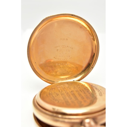 113 - A WALTHAM GOLD-PLATED FULL HUNTER POCKET WATCH, round white dial signed 'Waltham', Roman numerals,su... 