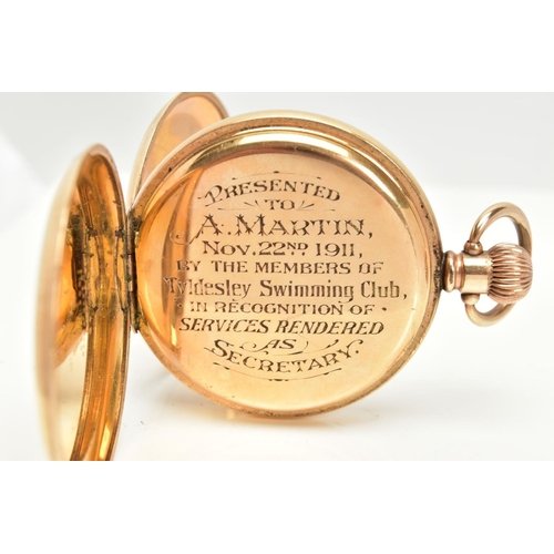 113 - A WALTHAM GOLD-PLATED FULL HUNTER POCKET WATCH, round white dial signed 'Waltham', Roman numerals,su... 