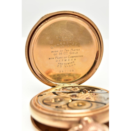 113 - A WALTHAM GOLD-PLATED FULL HUNTER POCKET WATCH, round white dial signed 'Waltham', Roman numerals,su... 