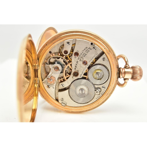 113 - A WALTHAM GOLD-PLATED FULL HUNTER POCKET WATCH, round white dial signed 'Waltham', Roman numerals,su... 