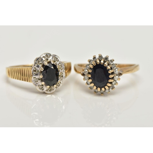 114 - TWO 9CT GOLD CLUSTER RINGS, the first designed with a central claw set, oval cut deep blue sapphire ... 