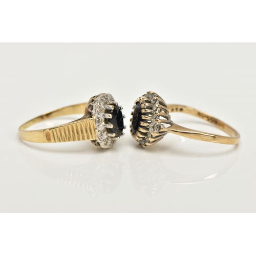 114 - TWO 9CT GOLD CLUSTER RINGS, the first designed with a central claw set, oval cut deep blue sapphire ... 