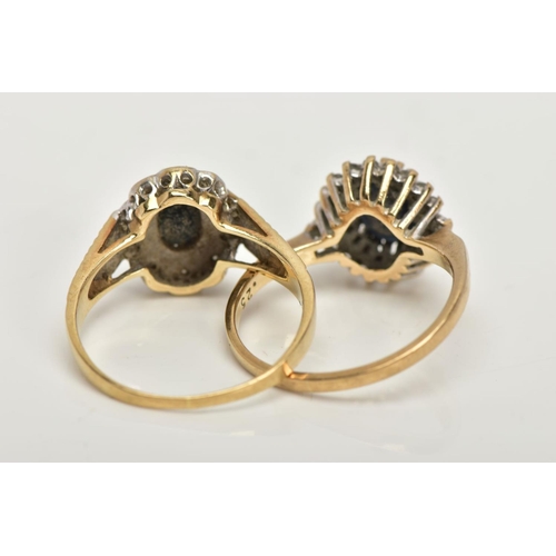 114 - TWO 9CT GOLD CLUSTER RINGS, the first designed with a central claw set, oval cut deep blue sapphire ... 