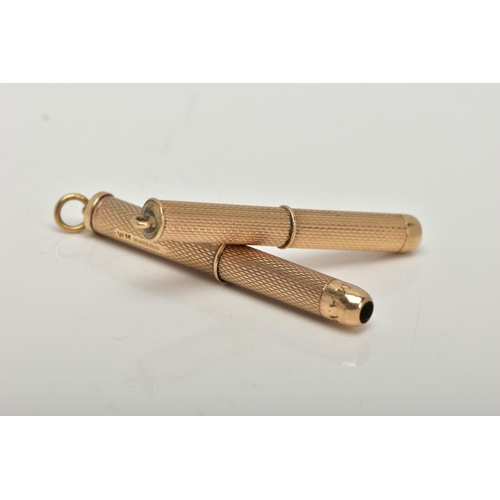 118 - A 9CT GOLD TOOTHPICK AND CIGAR PIERCER, each with an engine turned design, both with full 9ct gold B... 