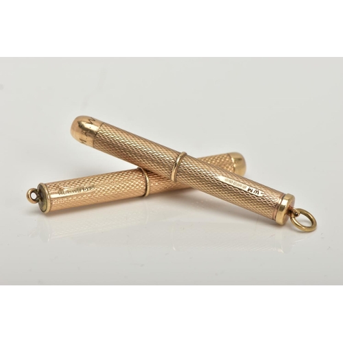 118 - A 9CT GOLD TOOTHPICK AND CIGAR PIERCER, each with an engine turned design, both with full 9ct gold B... 