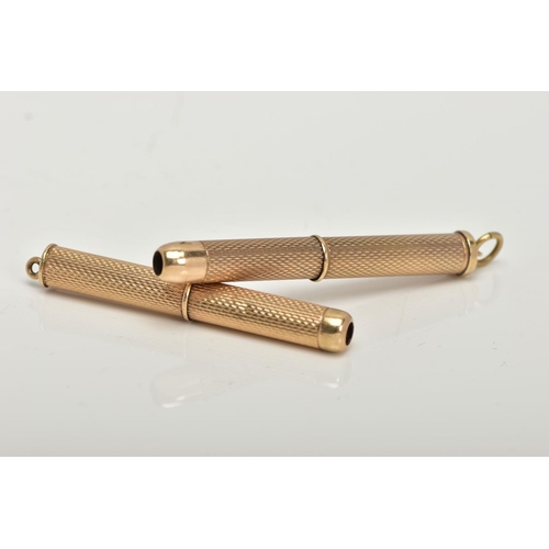 118 - A 9CT GOLD TOOTHPICK AND CIGAR PIERCER, each with an engine turned design, both with full 9ct gold B... 