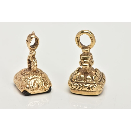 119 - TWO 9CT GOLD FOB SEALS, the first of a round rectangular form set with a bloodstone to the base, hal... 