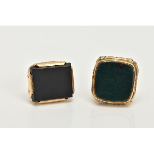 119 - TWO 9CT GOLD FOB SEALS, the first of a round rectangular form set with a bloodstone to the base, hal... 