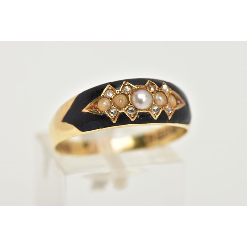 125 - A LATE VICTORIAN 15CT GOLD DIAMOND AND PEARL MOURNING RING, designed with a row of five graduating s... 