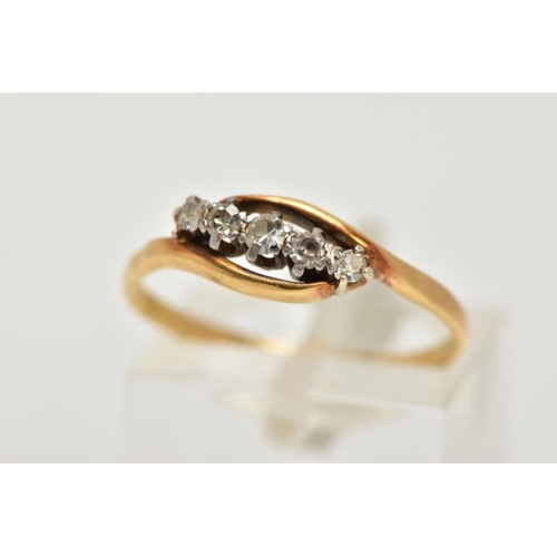 126 - A YELLOW METAL FIVE STONE DIAMOND RING, designed with a row of graduating single cut diamonds, withi... 