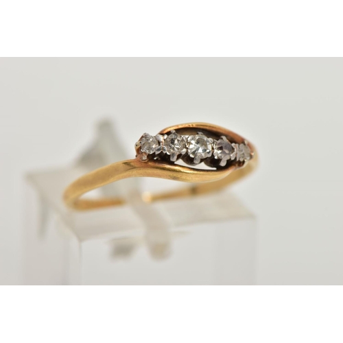 126 - A YELLOW METAL FIVE STONE DIAMOND RING, designed with a row of graduating single cut diamonds, withi... 