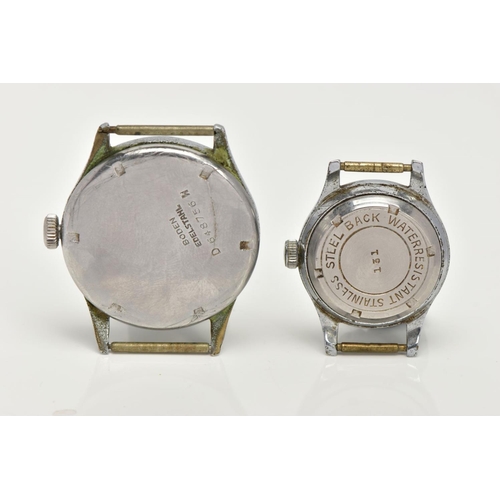 128 - TWO GENTS WATCH HEADS, the first with a hand wound movement, round black dial signed 'Minerva', Arab... 