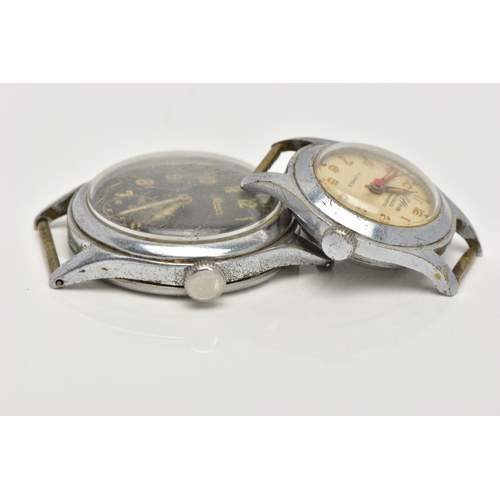 128 - TWO GENTS WATCH HEADS, the first with a hand wound movement, round black dial signed 'Minerva', Arab... 