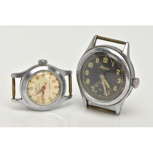 128 - TWO GENTS WATCH HEADS, the first with a hand wound movement, round black dial signed 'Minerva', Arab... 