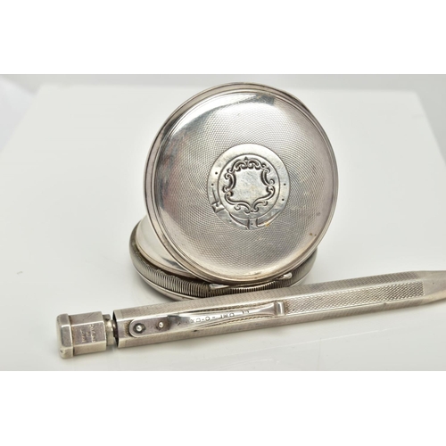 130 - A SILVER 'WALTHAM' OPEN FACE POCKET WATCH AND A PROPELLING PENCIL, the watch with a round white dial... 