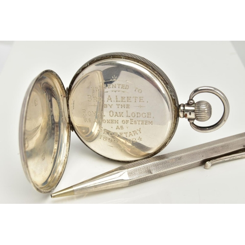 130 - A SILVER 'WALTHAM' OPEN FACE POCKET WATCH AND A PROPELLING PENCIL, the watch with a round white dial... 