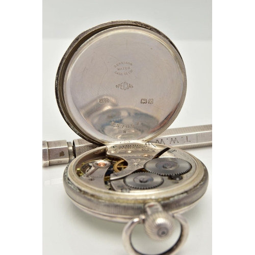 130 - A SILVER 'WALTHAM' OPEN FACE POCKET WATCH AND A PROPELLING PENCIL, the watch with a round white dial... 