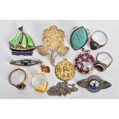 133 - BROOCHES, RINGS AND PENDANTS, to include a white metal and delft set brooch unmarked, a white metal ... 