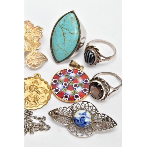 133 - BROOCHES, RINGS AND PENDANTS, to include a white metal and delft set brooch unmarked, a white metal ... 